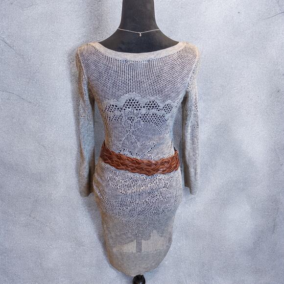 American Eagle 2010s Light Gray Crochet Knit Gray Henley Sweater Dress Small - Picture 4 of 10